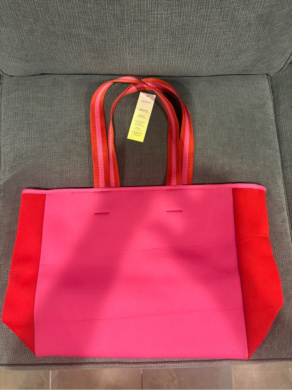 summersalt Pink and Red Colorblock Tote with Striped Handles